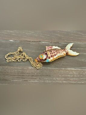 Vintage Fish Pendant Necklace - Purple and Gold Enamel